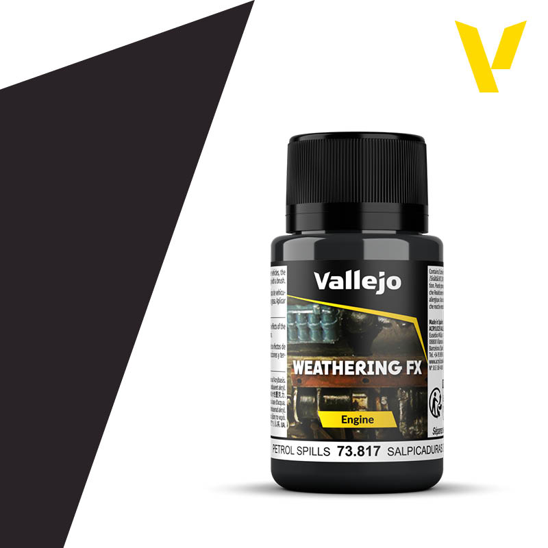 Vallejo Weathering FX: Petrol Spills (40ml) - Black plastic bottle of Vallejo Weathering FX Petrol Spills paint with a black screw cap and product label detailing usage.