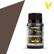 Vallejo Weathering FX: Brown Engine Soot (40ml) - 40ml brown Vallejo Weathering FX paint bottle for engine soot effects with black cap.