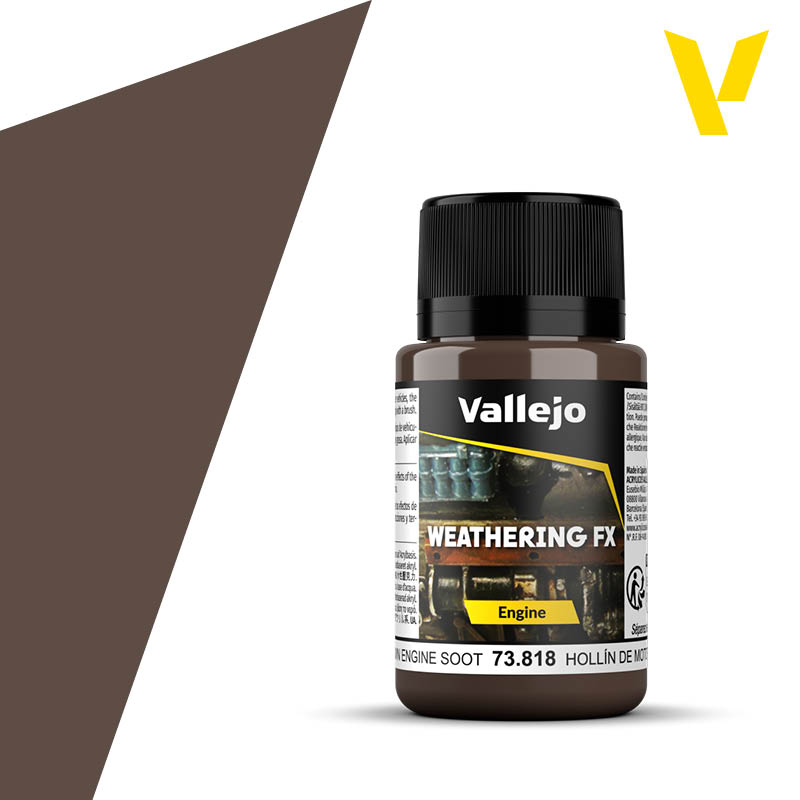 Vallejo Weathering FX: Brown Engine Soot (40ml) - 40ml brown Vallejo Weathering FX paint bottle for engine soot effects with black cap.