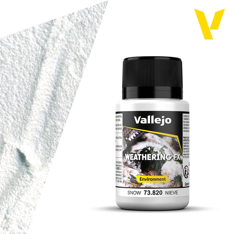 Vallejo Weathering FX: Snow (40ml) - 40ml bottle of Vallejo Weathering FX Snow effect paint with black cap and detailed label.