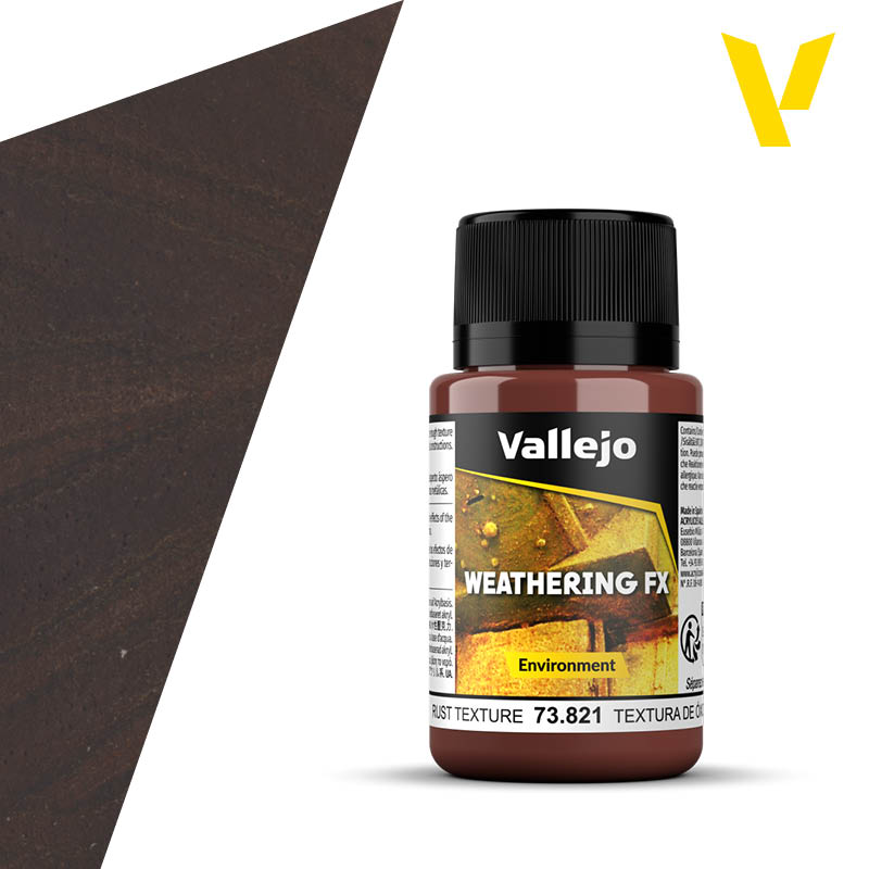 Vallejo Weathering FX: Rust Texture (40ml) - 40ml brown Vallejo Weathering FX Rust Texture paint bottle with black cap and detailed label.