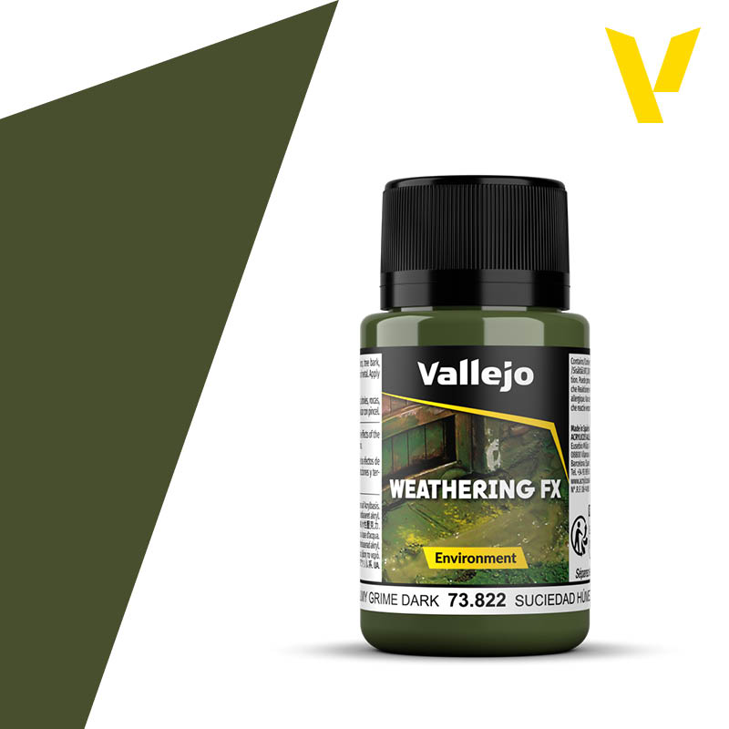 Vallejo Weathering FX: Slimy Grime Dark (40ml) - 40ml dark green Vallejo Weathering FX bottle with black cap and white label.