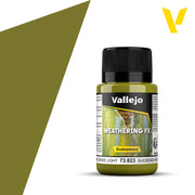 Vallejo Weathering FX: Slime Grime Light (40ml) - Small opaque plastic bottle with black screw cap, filled with olive green weathering paint labeled Vallejo Weathering FX.