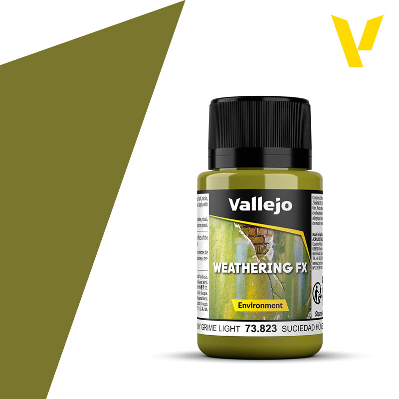 Vallejo Weathering FX: Slime Grime Light (40ml) - Small opaque plastic bottle with black screw cap, filled with olive green weathering paint labeled Vallejo Weathering FX.