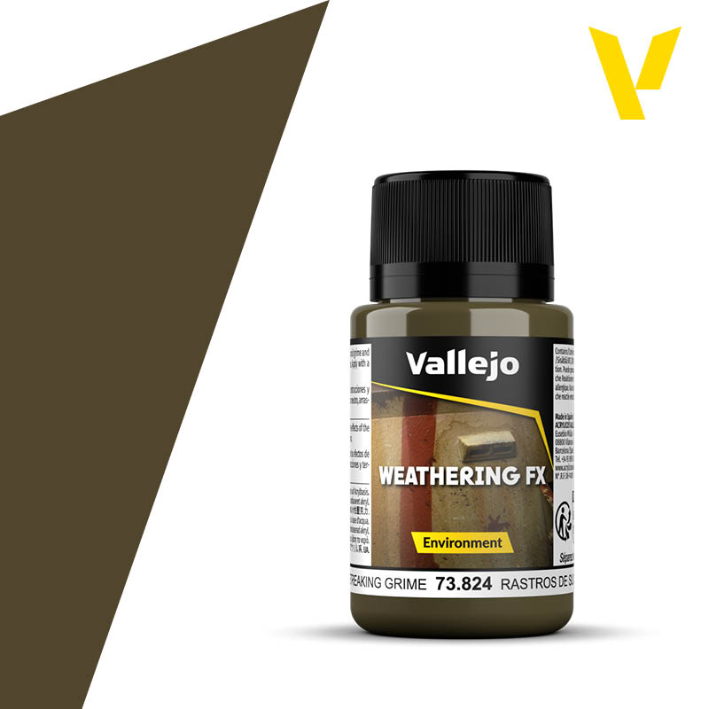 Vallejo Weathering FX: Streaking Grime (40ml) - 40ml cylindrical bottle of Vallejo Weathering FX Streaking Grime paint with black cap and brown label.