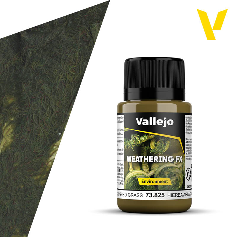Vallejo Weathering FX: Crushed Grass (40ml) - 40ml bottle of Vallejo Weathering FX Crushed Grass paint with green textured paint sample.