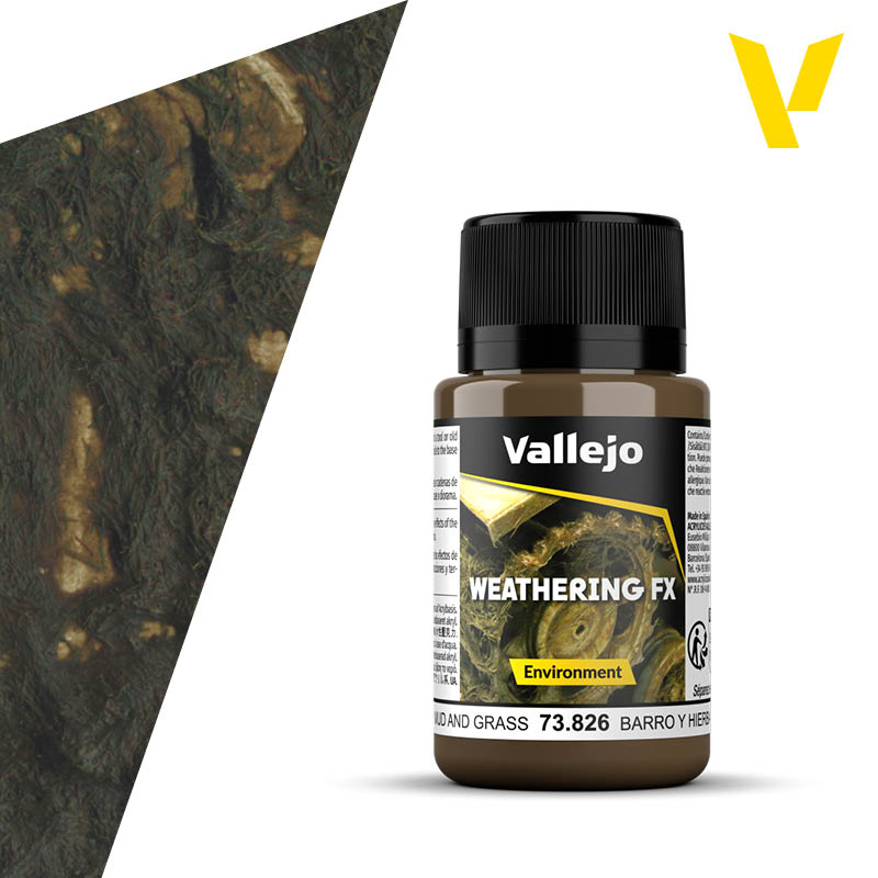 Vallejo Weathering FX: Mud and Grass (40ml) - 40ml bottle of Vallejo Weathering FX Mud and Grass paint with black cap and environmental label.