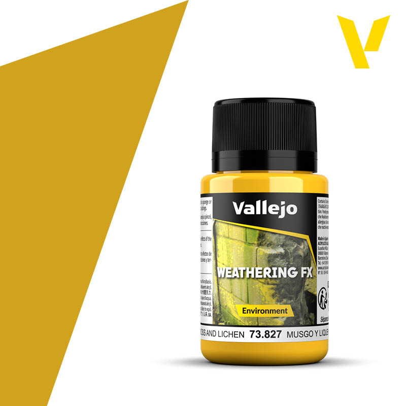 Vallejo Weathering FX: Moss and Lichen (40ml) - Yellow plastic bottle of Vallejo Weathering FX Moss and Lichen paint with black cap and nature-themed label.