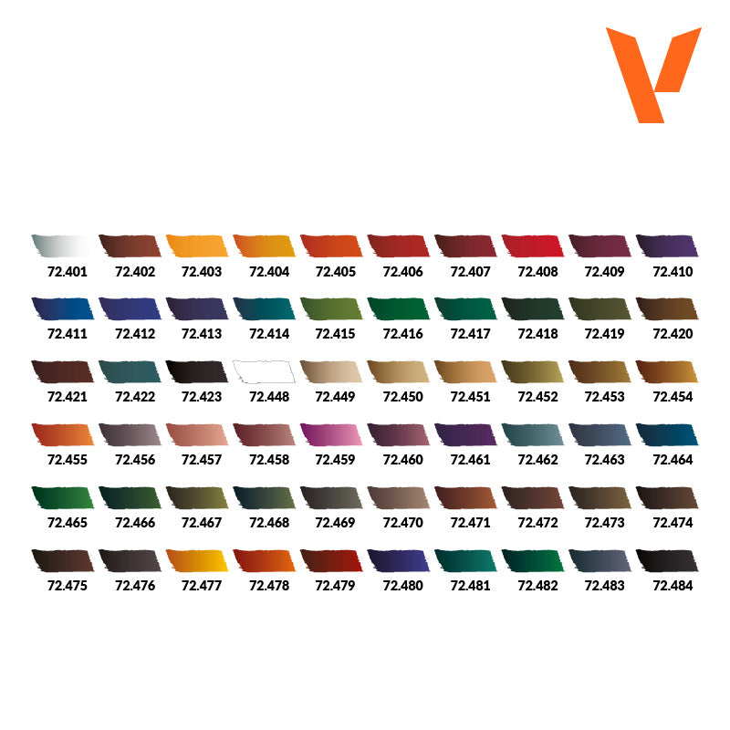 Vallejo Xpress Color: Artist's Selection Case (PREORDER) - Set of 48 small Vallejo Xpress acrylic paint bottles in a variety of vibrant colors arranged in rows with white labels and.