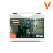 Vallejo Xpress Color: Artist's Selection Case (PREORDER) - White plastic carrying case with printed label featuring colorful paint swatches and green artwork, Vallejo Xpress Color.