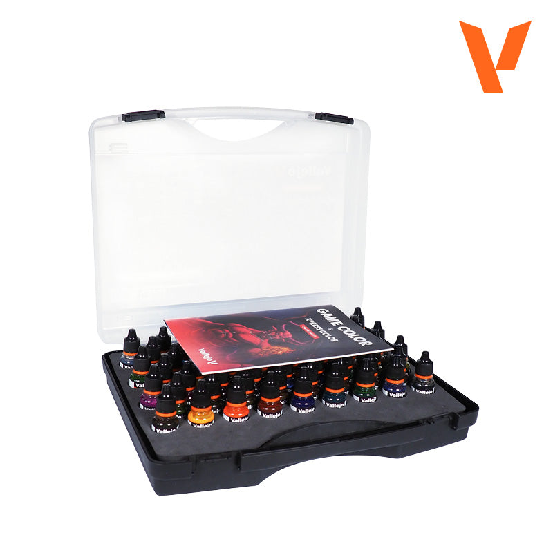 Vallejo Xpress Color: Artist's Selection Case (PREORDER) - Plastic carrying case with multiple small paint bottles and an instruction booklet inside, black and transparent design.