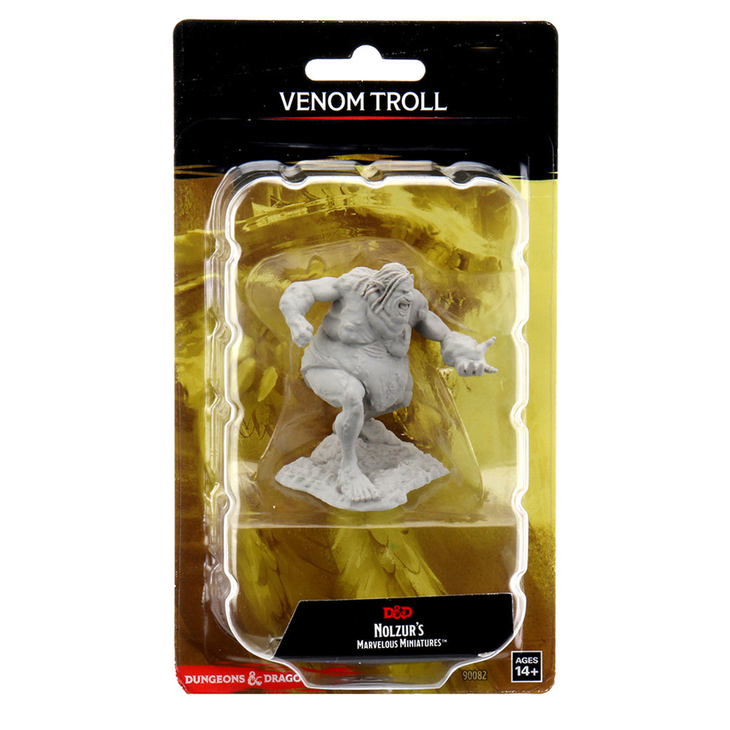 D&D Nolzur's Marvelous Miniatures: Venom Troll - Unpainted gray plastic miniature of a hunched monstrous troll with sharp claws and textured skin in blister packaging.