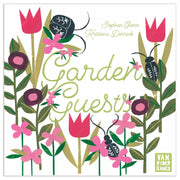 Garden Guests - Square board game box with colorful garden flowers, leaves, and three black beetles on white background, featuring green.