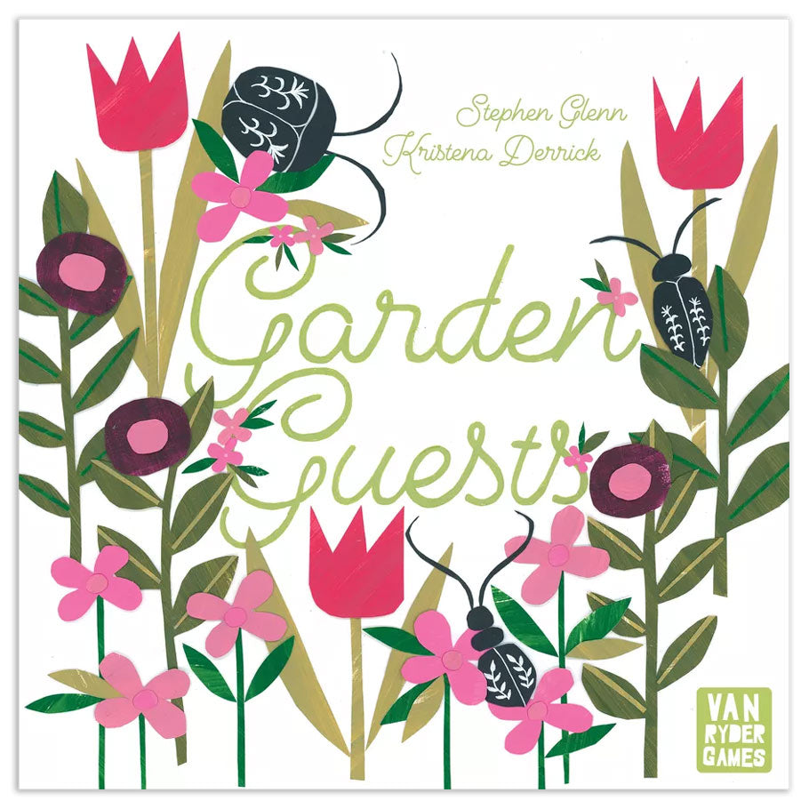 Garden Guests - Square board game box with colorful garden flowers, leaves, and three black beetles on white background, featuring green.