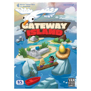 Gateway Island - Colorful board game box featuring cartoon island with characters, rocks, a golden egg, and a large white bird flying above.