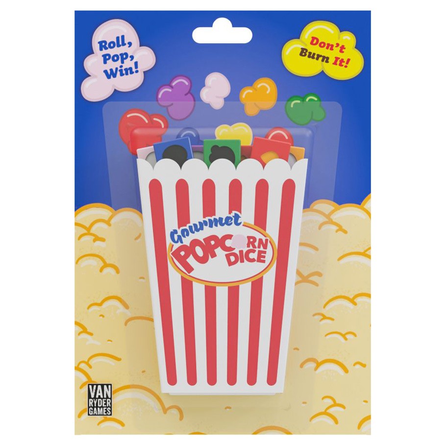 Gourmet Popcorn Dice - Colorful plastic dice shaped like popcorn kernels in red, yellow, green, purple, and orange, packaged in a red-and-white.