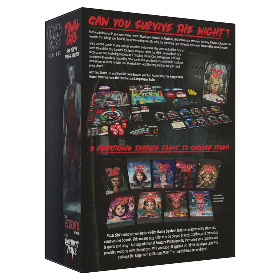 Final Girl: Starter Set (Alt) - Black rectangular box featuring red and white text, a horror-themed board game setup with character cards and game pieces.