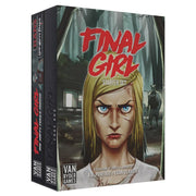 Final Girl: Starter Set (Alt) - Board game box featuring an intense blonde woman with blue eyes in front of a dark forest and shadowy figure background,.