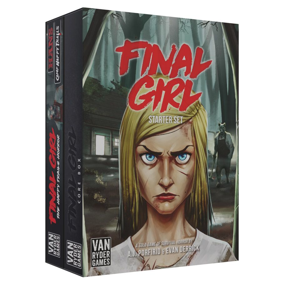 Final Girl: Starter Set (Alt) - Board game box featuring an intense blonde woman with blue eyes in front of a dark forest and shadowy figure background,.