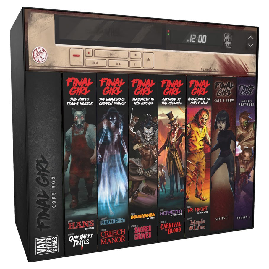 Final Girl: Series 1 Ultimate Box - Final Girl Series 1 Ultimate Box with six colorful game card decks in a black and beige box featuring horror-themed artwork.