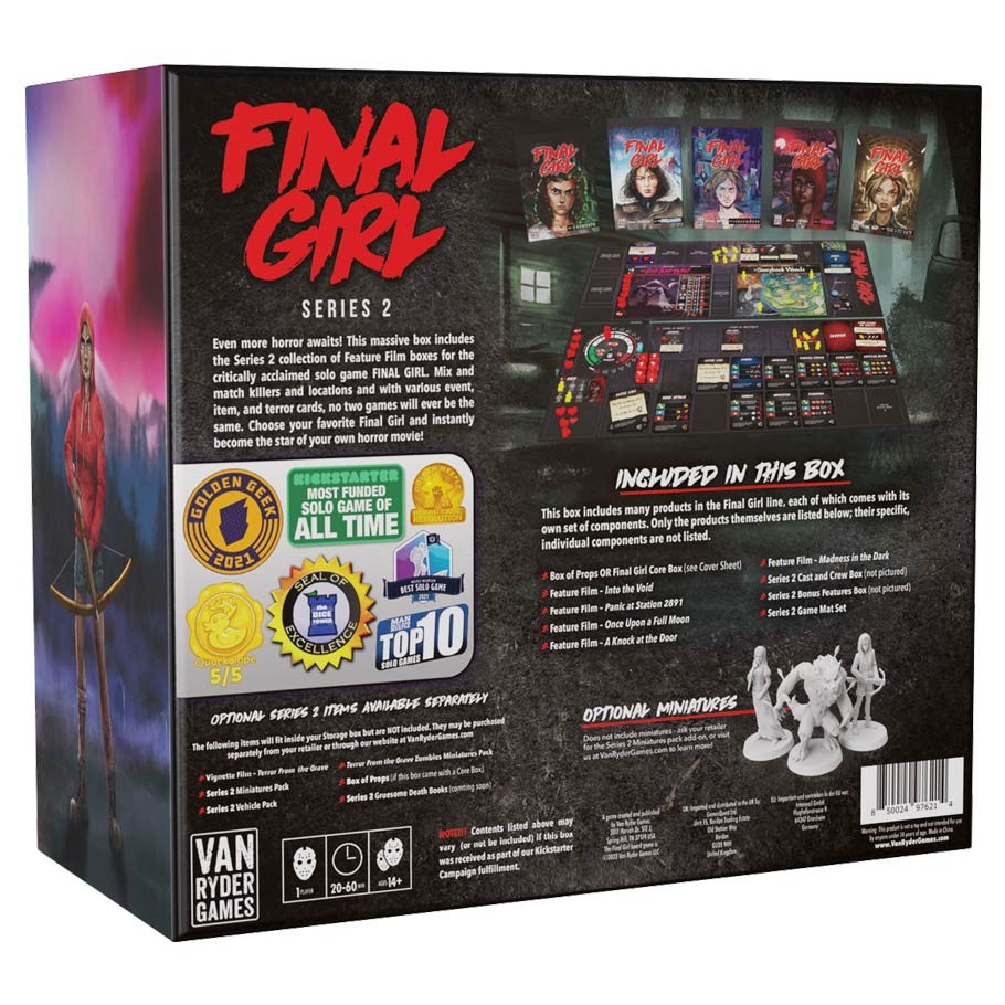 Final Girl: Series 2 Ultimate Box - Final Girl Series 2 Ultimate Box with dark thematic artwork, game components, and colorful cards displayed on black.