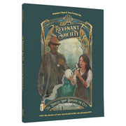 The Revenant Society Core Book - Dark green hardcover RPG book with gold ornate frame, featuring a cowboy and a woman holding a skull on cover.