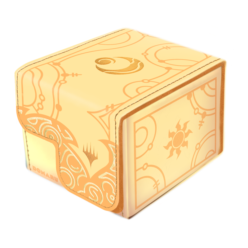 Domaru Deck Box: Magic the Gathering: Lorwyn Eclipsed - Morningtide White - Cream-colored rectangular deck box with intricate golden patterns and magic symbols on all sides.