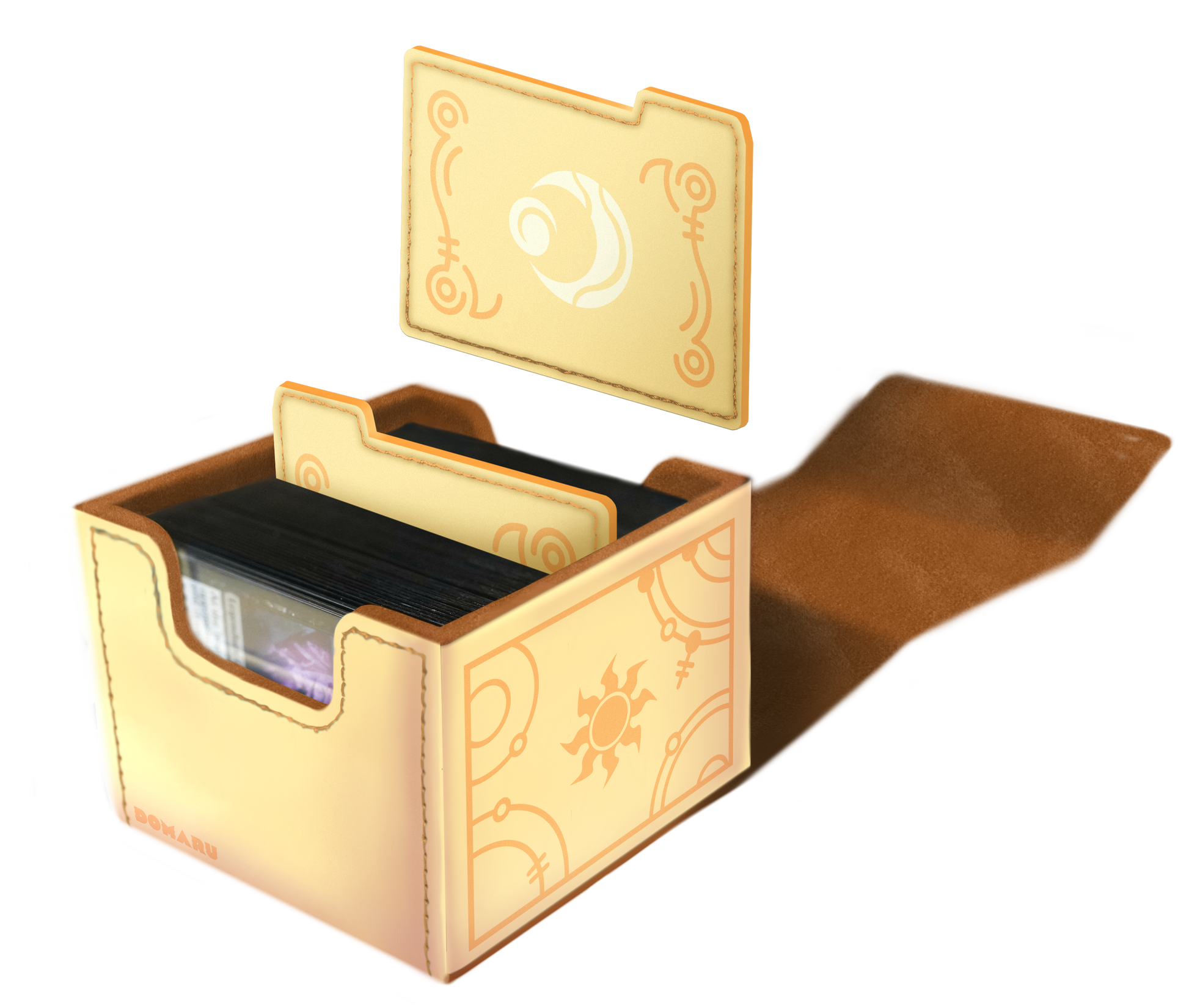 Domaru Deck Box: Magic the Gathering: Lorwyn Eclipsed - Morningtide White - Tan leatherette rectangular deck box with embossed magical symbols and a flap lid, holding trading cards inside.