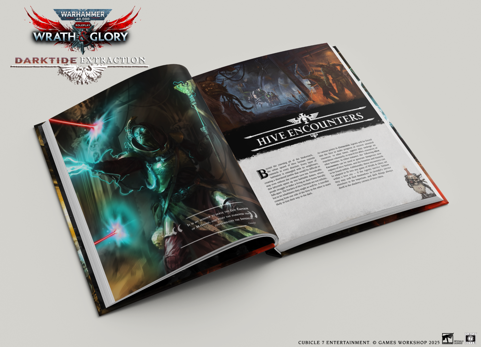 Warhammer 40,000: Wrath & Glory, Darktide: Extraction - Open Warhammer 40,000 Wrath & Glory RPG book showing dark sci-fi character artwork and Hive Encounter text pages.