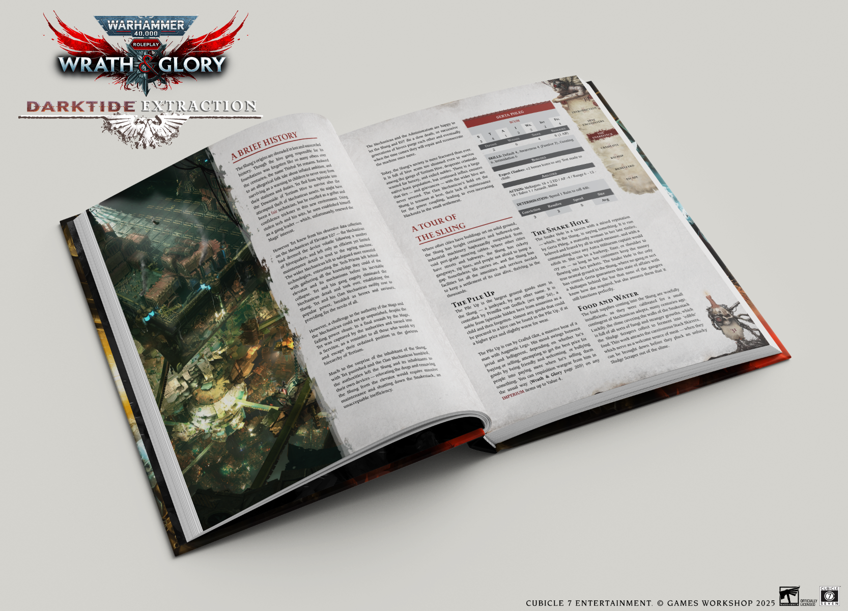 Warhammer 40,000: Wrath & Glory, Darktide: Extraction - Wrath & Glory Darktide: Extraction RPG book showing detailed illustrations and black, red, and white text pages.