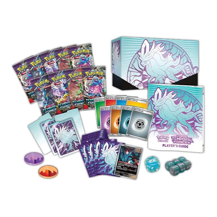 Pokémon TCG - Scarlet and Violet 5 Temporal Forces - Elite Trainer Box - Pokémon TCG Scarlet and Violet Elite Trainer Box with holographic rhydon artwork, booster packs, dice, damage counters, card