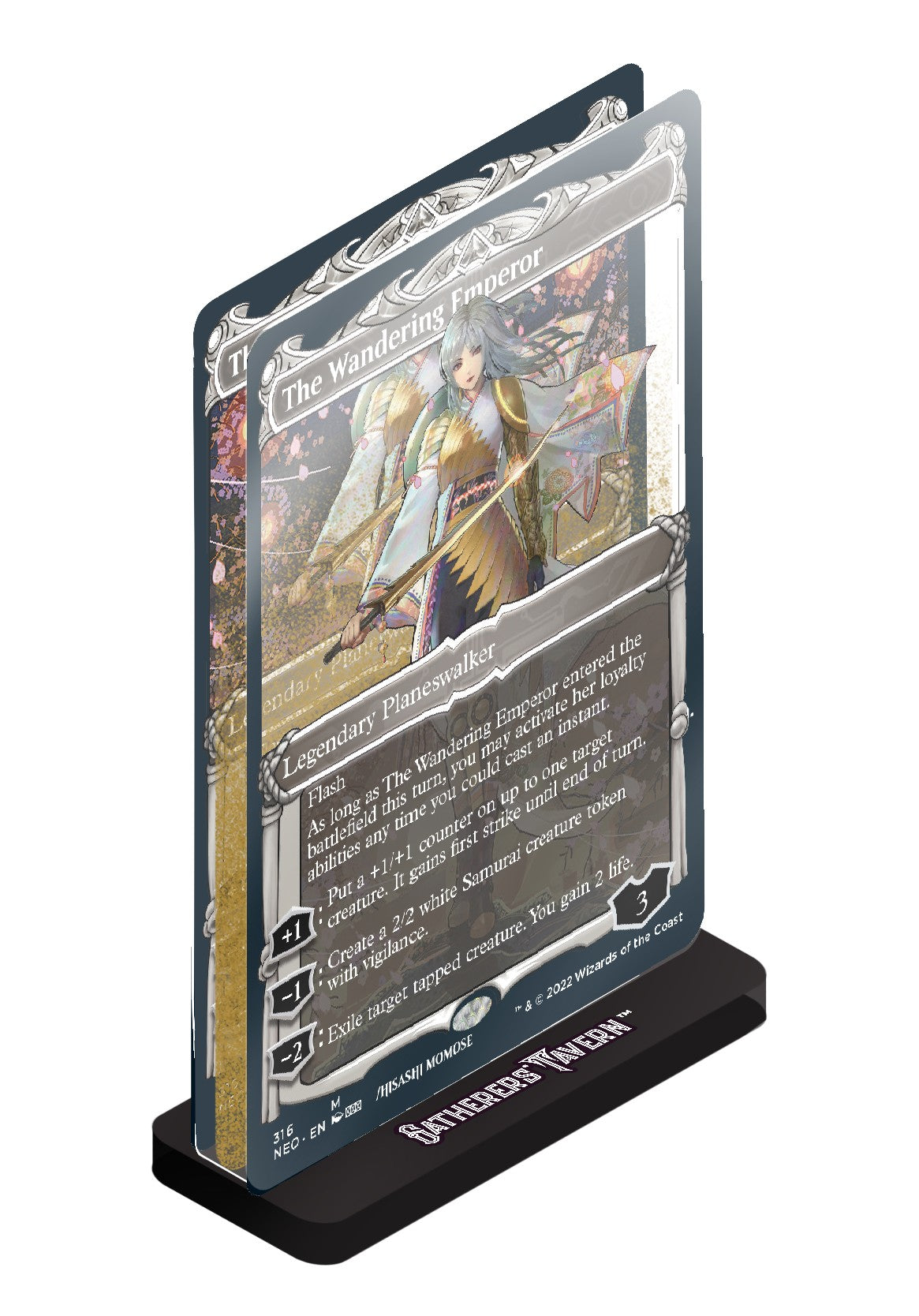 Magic: The Gathering - The Wandering Emperor Acrylic Slab Standee - The Gathering card The Wandering Emperor with layered card design and black base labeled with the card name.