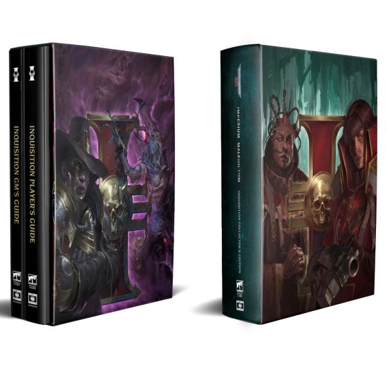 Warhammer 40,000 Roleplay: Imperium Maledictum Inquisition Collectors Edition - Set of two RPG books with dark, detailed fantasy sci-fi cover art featuring armored warriors, skull motifs, and a gothic.