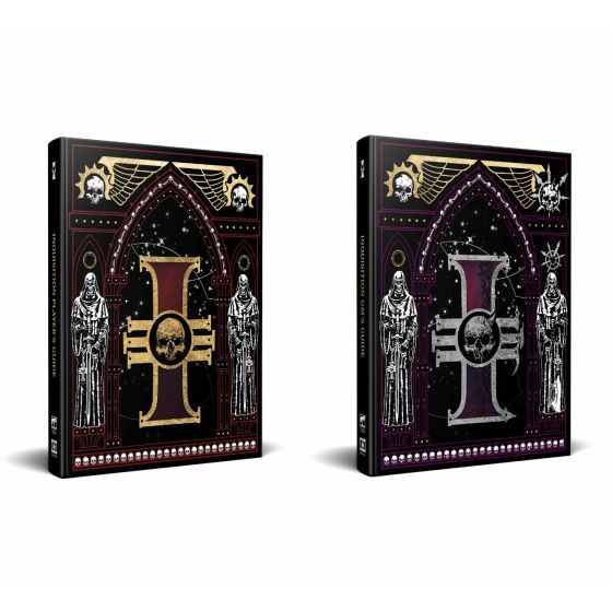 Warhammer 40,000 Roleplay: Imperium Maledictum Inquisition Collectors Edition - Two hardcover Warhammer 40,000 RPG books featuring gothic black covers with gold and silver Inquisition crosses and detailed