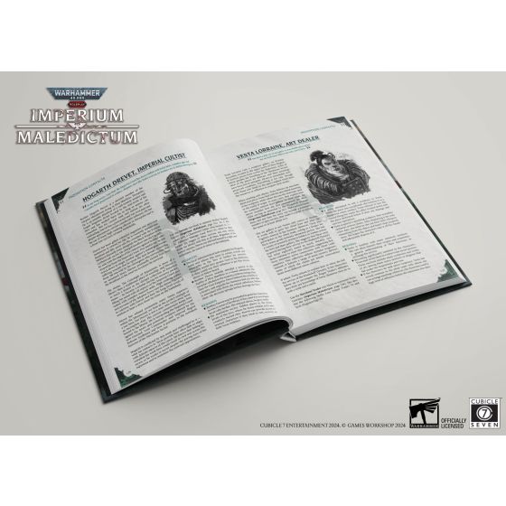 Warhammer 40,000 Roleplay: Imperium Maledictum Inquisition GM's Guide - Open hardcover book with black-and-white illustrations and dense text on white pages, titled Warhammer 40,000 Imperium.