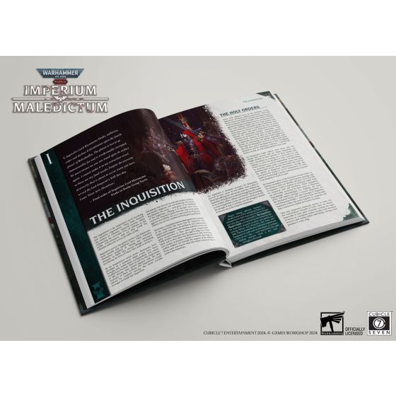 Warhammer 40,000 Roleplay: Imperium Maledictum Inquisition GM's Guide - Open Warhammer 40,000 RPG book showing detailed full-color illustration of armored figure and text titled "The Inquisition".