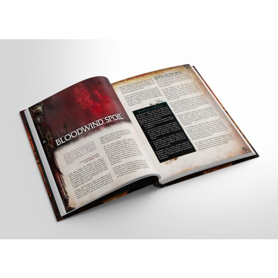 Warhammer Age of Sigmar: Soulbound Champions of Chaos RPG - Core Rulebook (PREORDER) - Open hardcover book with glossy pages featuring dark fantasy-themed illustrations and dense game rule text with black and.