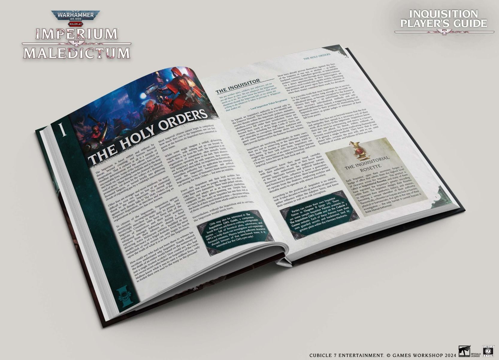 Warhammer 40,000 Roleplay: Imperium Maledictum Inquisition Player's Guide - Open hardcover RPG book with dense text and illustrations, dark-themed sci-fi fantasy layout.