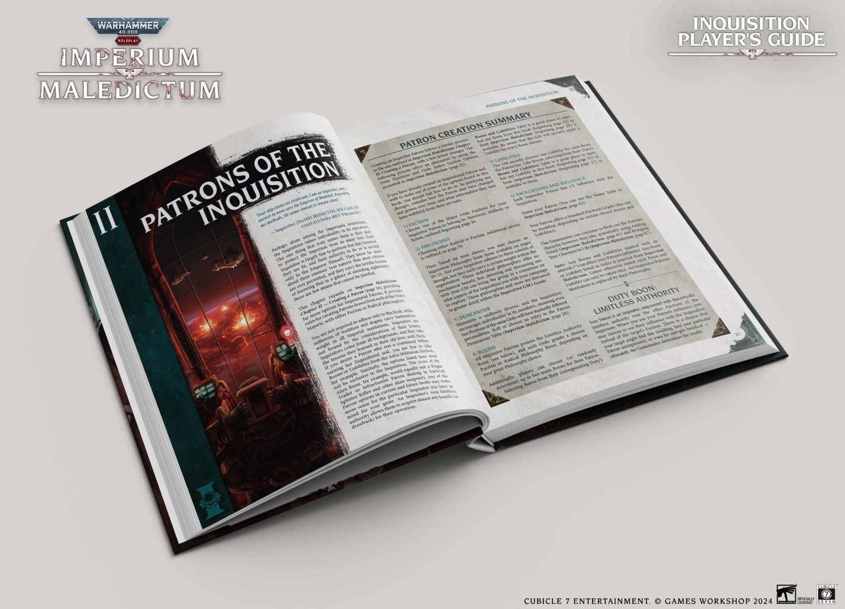 Warhammer 40,000 Roleplay: Imperium Maledictum Inquisition Player's Guide - Open hardcover RPG book with dark-themed cover art and text pages detailing game content.