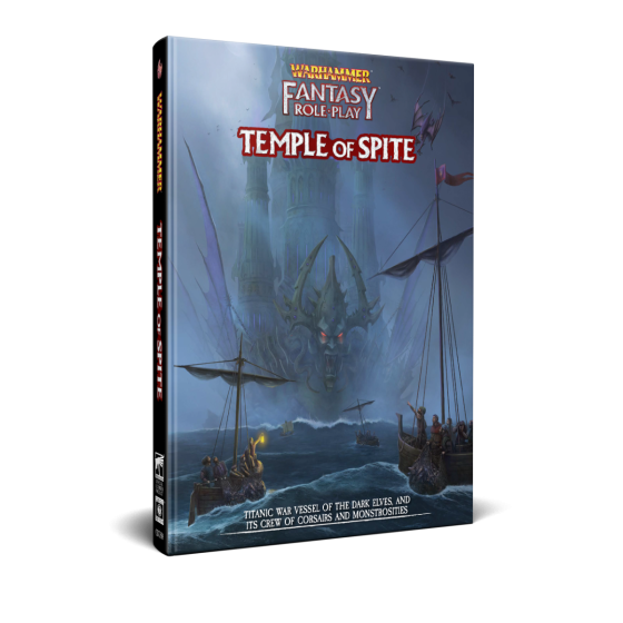 Warhammer Fantasy Roleplay: Temple of Spite (PREORDER) - Warhammer Fantasy Roleplay book with dark blue cover depicting a monstrous sea creature and boats approaching a fortress.