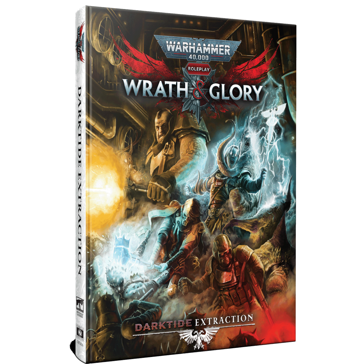 Warhammer 40,000: Wrath & Glory, Darktide: Extraction - Wrath & Glory RPG book with dynamic sci-fi battle art featuring armored warriors and energy effects on a dark, fiery.