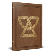 Warhammer Fantasy Roleplay: Lords of Stone and Steel Collector's Edition - Brown leather-bound book with intricate gold Celtic knot emblem and decorative border on cover.