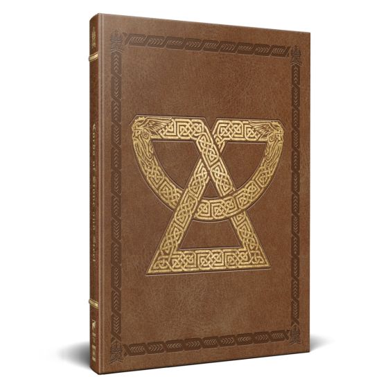 Warhammer Fantasy Roleplay: Lords of Stone and Steel Collector's Edition - Brown leather-bound book with intricate gold Celtic knot emblem and decorative border on cover.