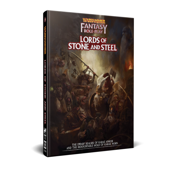 Warhammer Fantasy Roleplay: Lords of Stone and Steel (PREORDER) - Hardcover Warhammer Fantasy Roleplay book Lords of Stone and Steel with dark, detailed fantasy battle artwork on cover.