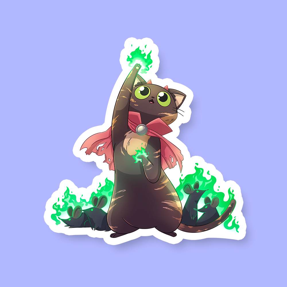 Warlock Class D&D Cat Sticker - Dark brown cartoon cat wearing a red cape casting green magical flames with glowing eyes sticker.