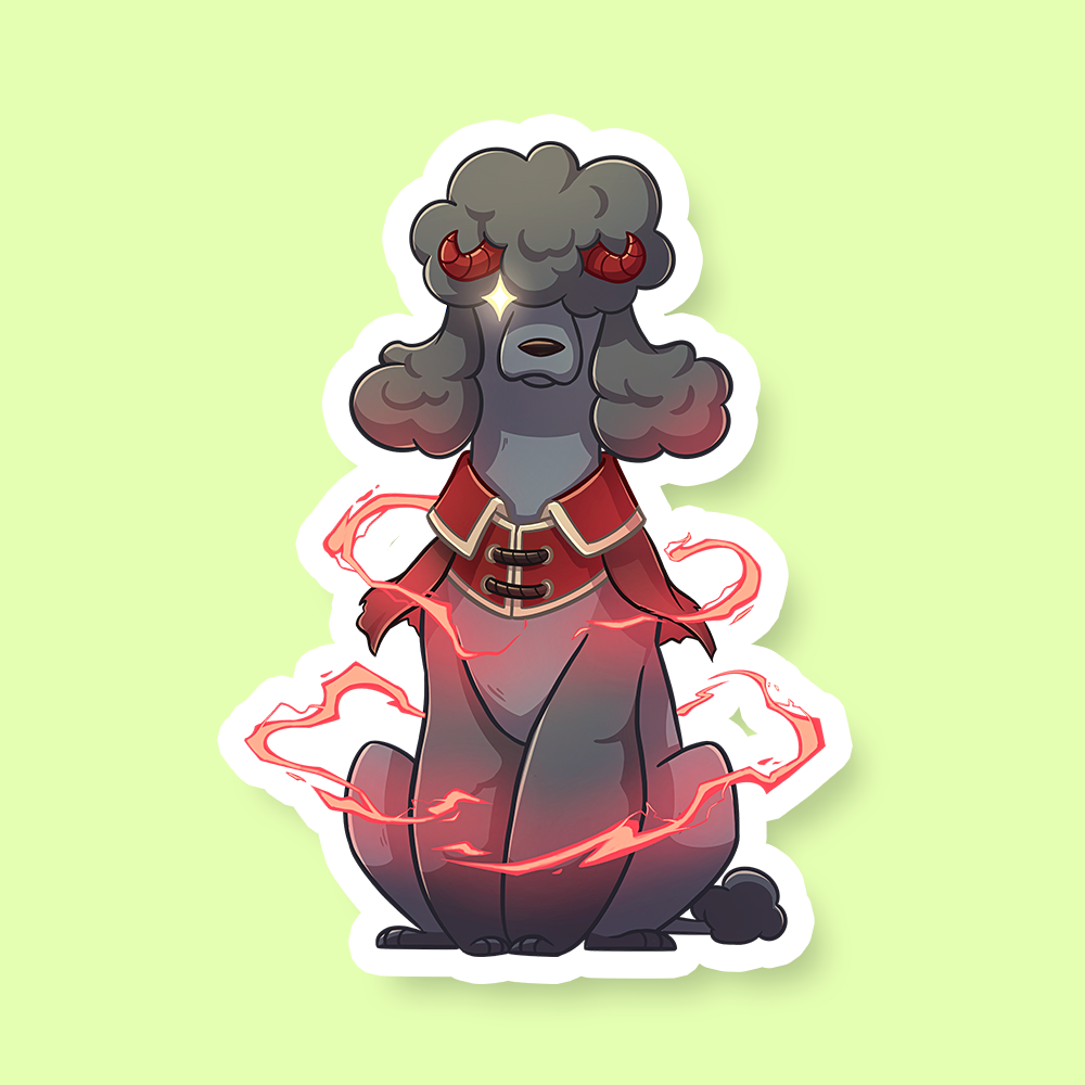 Warlock Class D&D Dog Sticker - Black poodle dog wearing a dark red warlock cloak with glowing red magical aura swirling around.