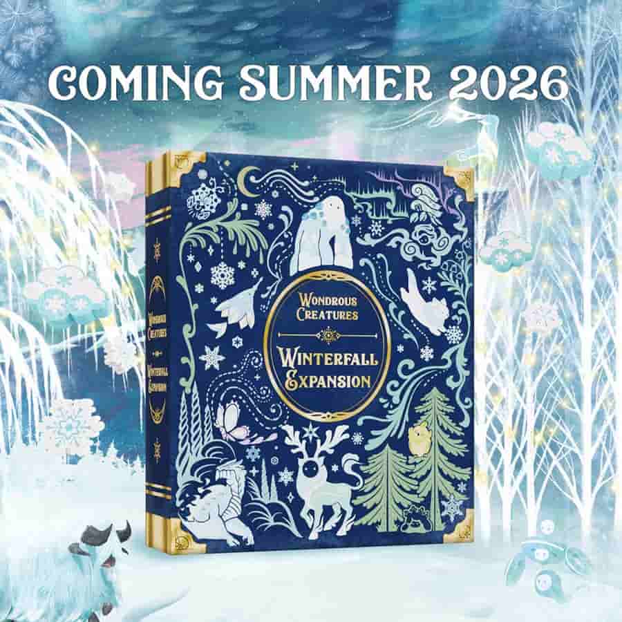 WONDROUS CREATURES: WINTERFALL EXPANSION - Dark blue board game box with intricate white and gold winter-themed illustrations including trees, animals, and snowflakes,