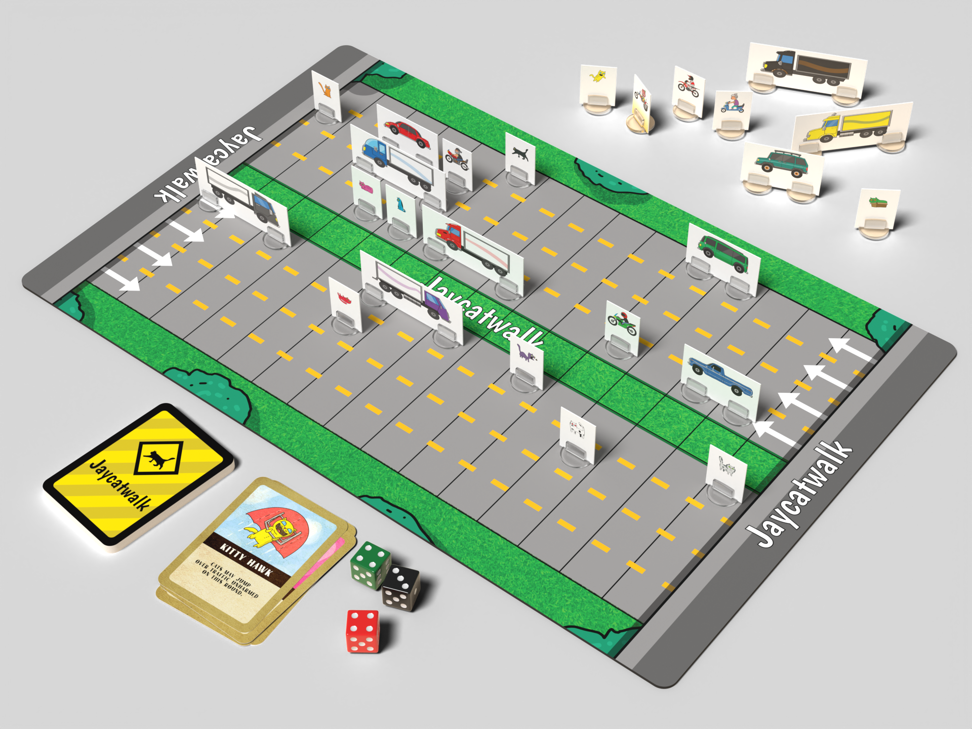 Jaycatwalk - Strategy board game with gray grid layout, parking lot design, colorful cards, and red and green dice.