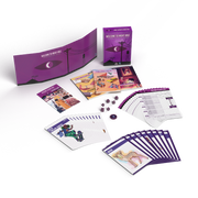 Welcome to Night Vale RPG - Welcome to Night Vale RPG box set with purple cover, rulebook, colorful illustrated cards, character sheets, and game.
