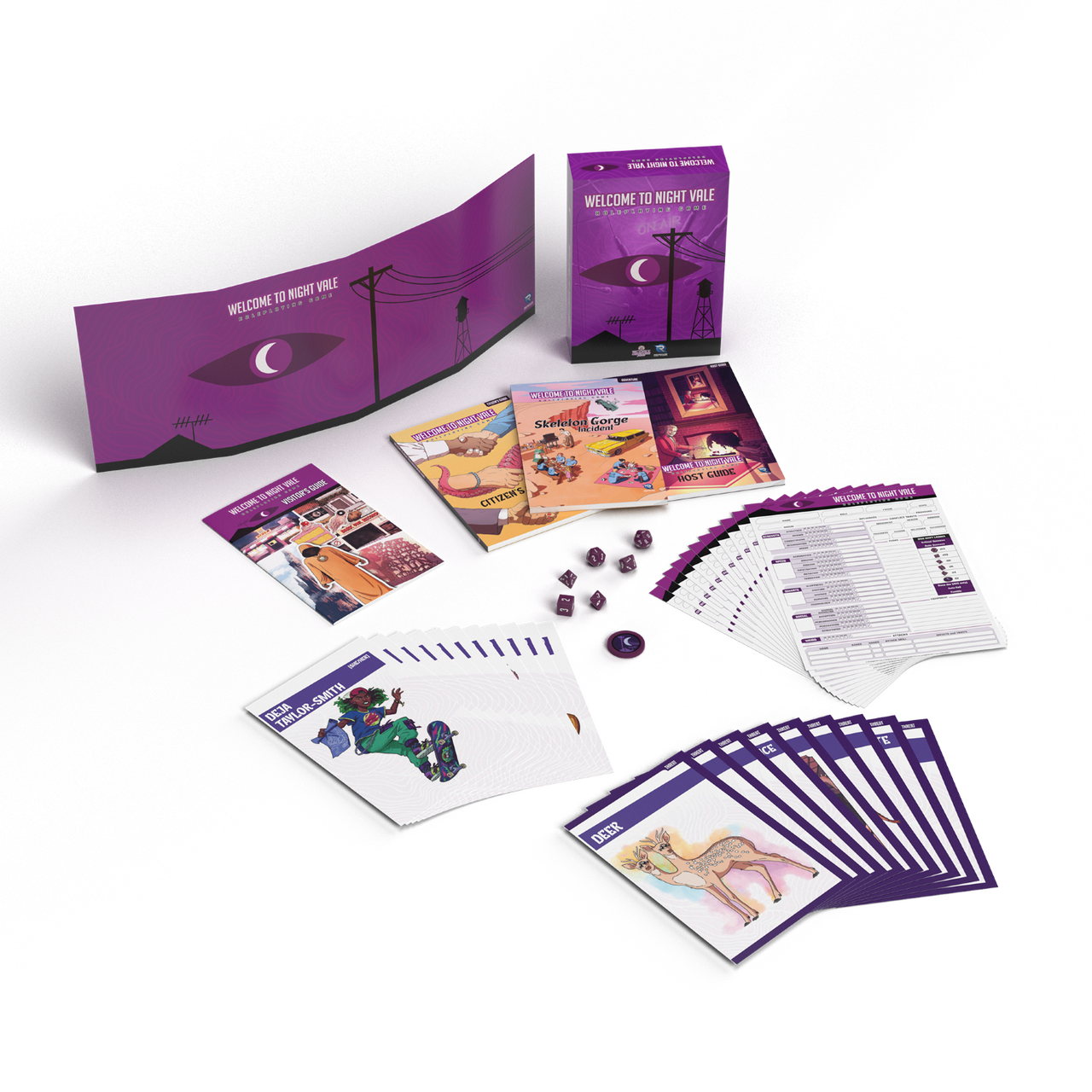 Welcome to Night Vale RPG - Welcome to Night Vale RPG box set with purple cover, rulebook, colorful illustrated cards, character sheets, and game.